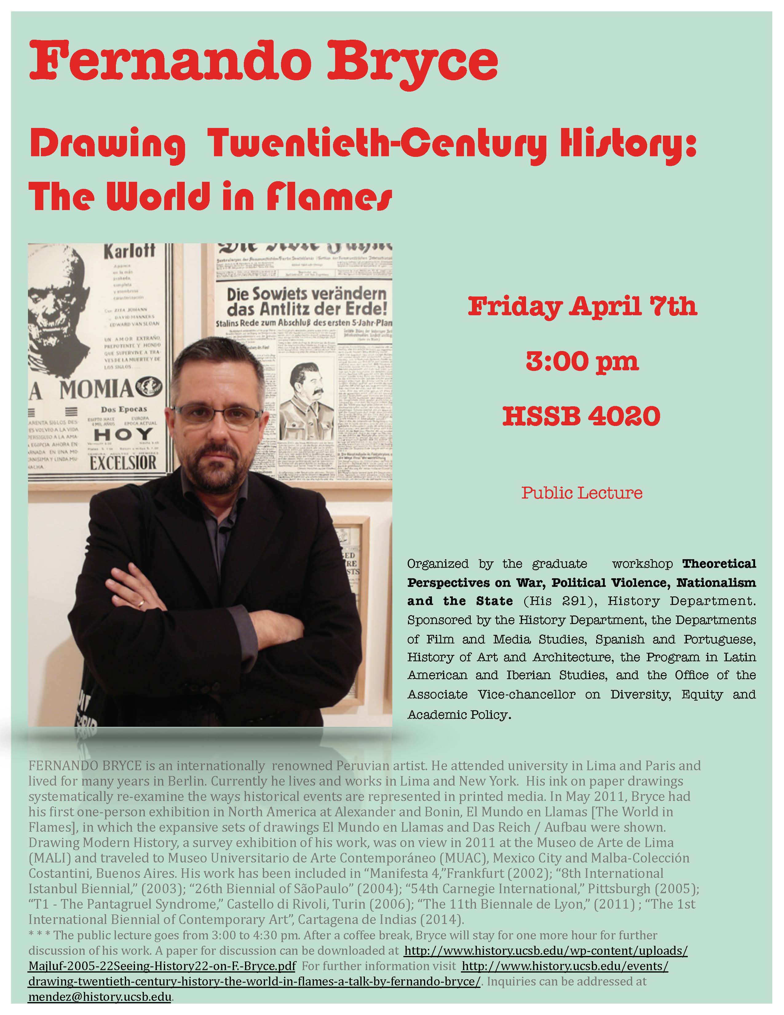 flyer for lecture by Fernando Bryce tiled "Drawing Twentieth Century History: The World in flames" April 2017