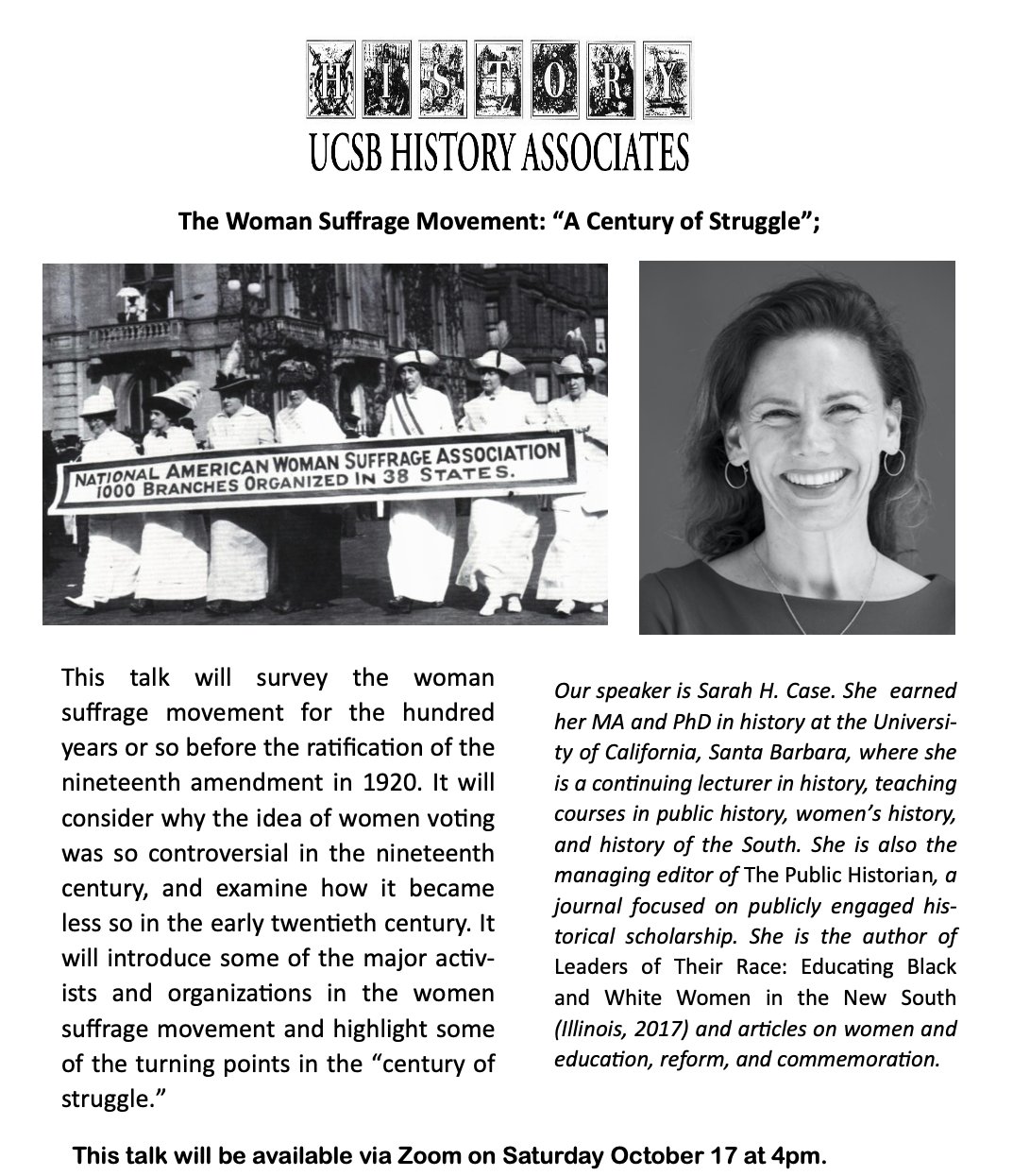 Flyer for Zoom Talk for "The Woman Suggrage Movement: 'A Century of Struggle'" on 10/1721 at 4PM