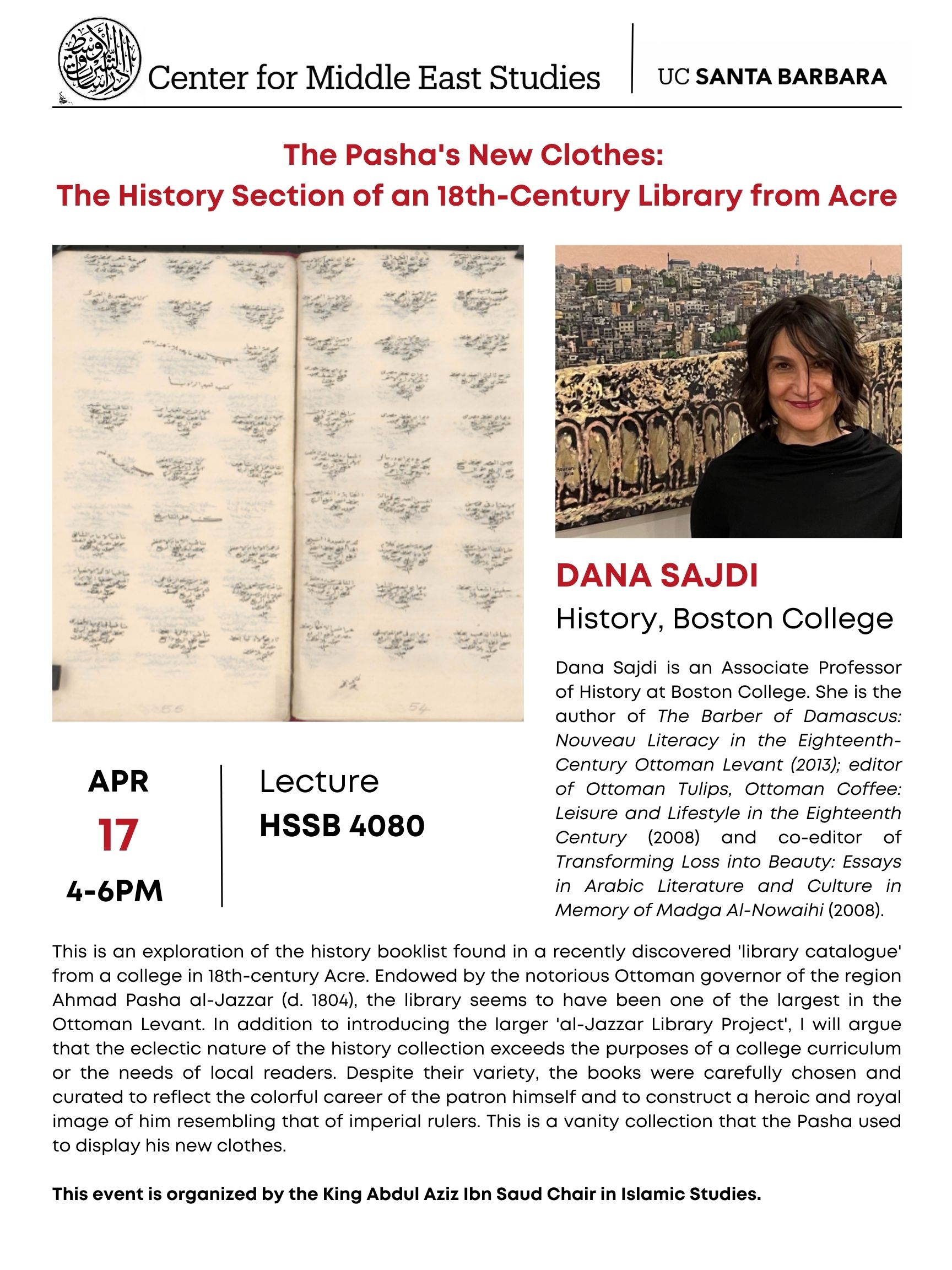 Flyer for "The Pasha's New Clothes: The History Section of an 18th-Century Library from Acre" on April 17 from 4-6PM in HSSB 4080