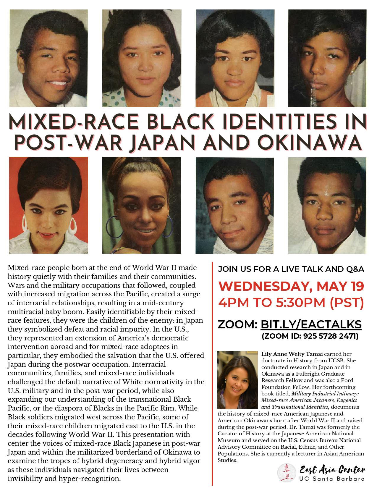 Flyer for Zoom talk for Mixed Race Black Identities in Post-War Japan and Okinawa on 5/19/21 for 4PM to 5:30PM