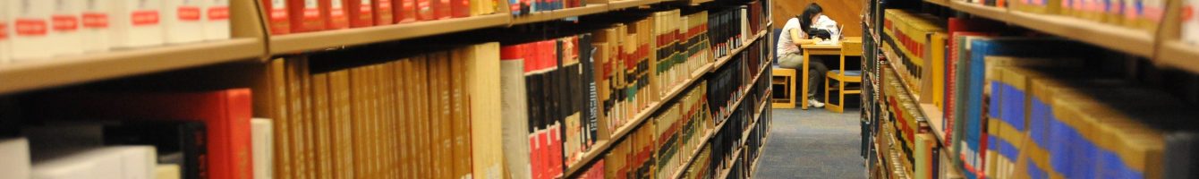 Photograph of 2 bookshelves angled towards a student studying.