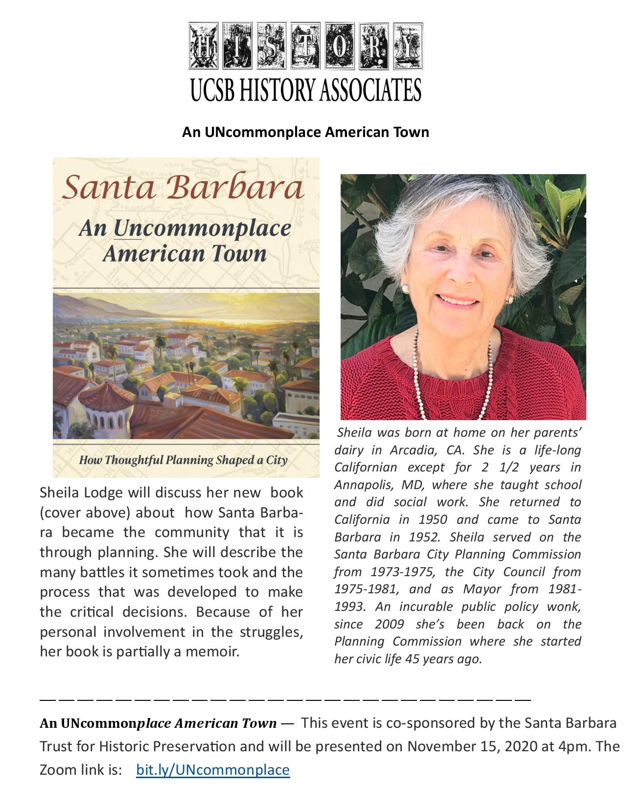 Flyer for Zoom Talk "Santa Barbara: An Uncommonplace American Town" on 11/15/20 at 4PM
