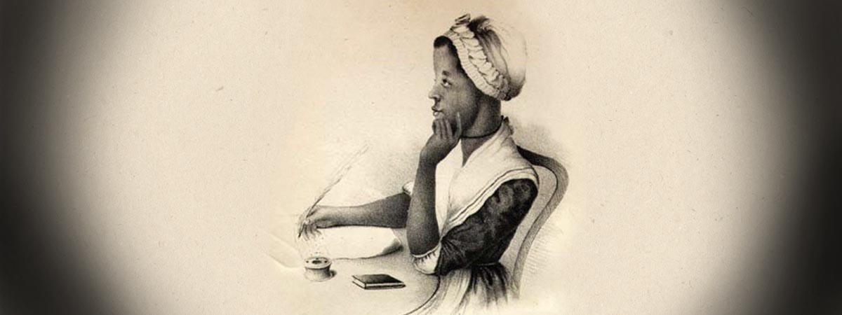 Black and white drawing of a woman with bonnet thinking about what to write with a quill in her hand