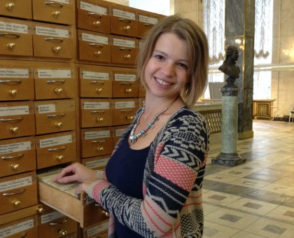 Masha Federova researching in the Russian State Library, Moscow.