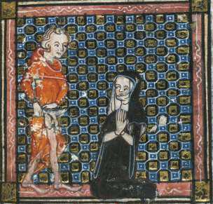 Medieval illustration of a bowing nun and man