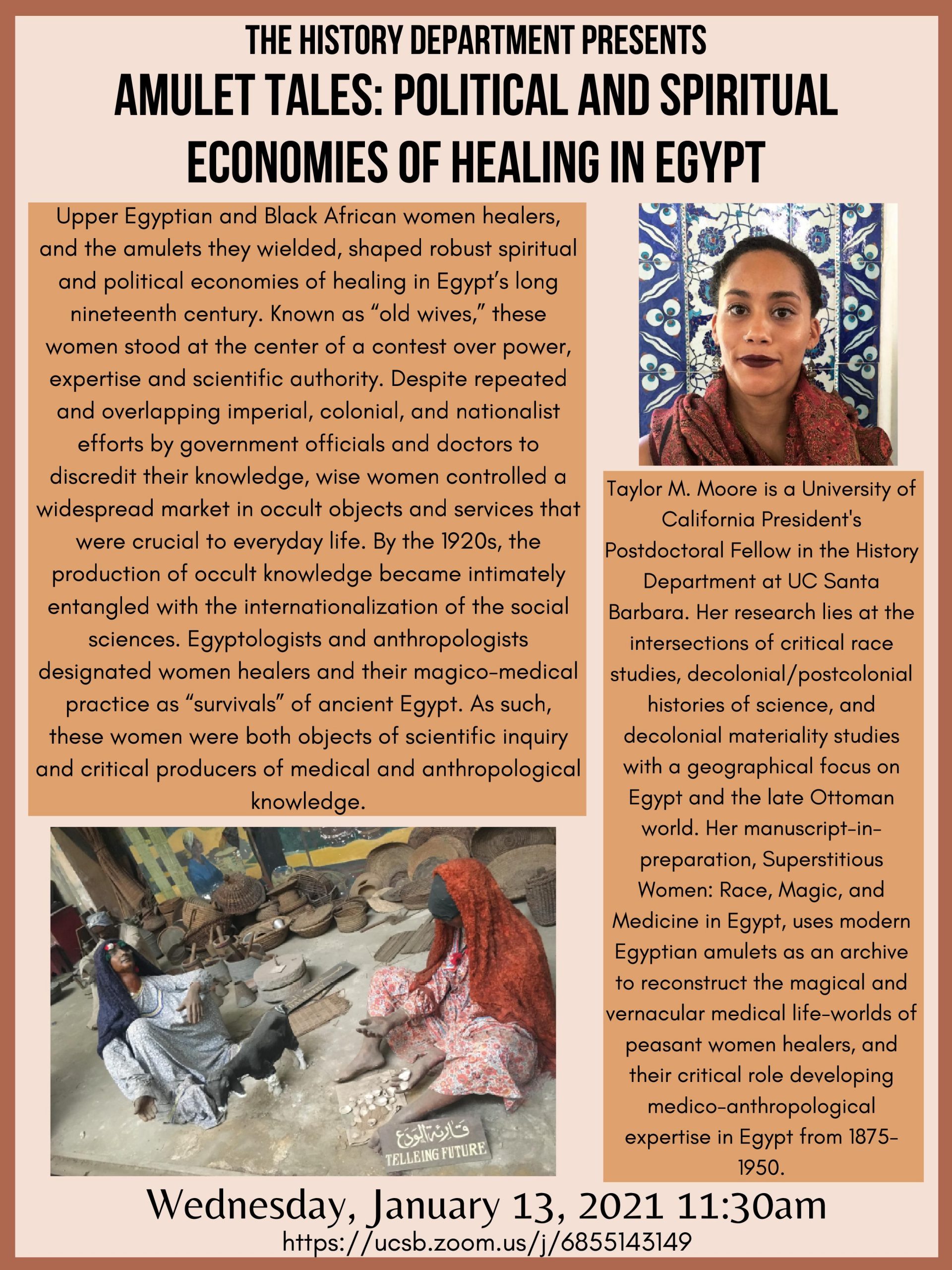 Flyer for Zoom talk "Amulet Tales: Political and Spiritual Economies of Healing in Egypt on 1/13/21 at 11:30AM