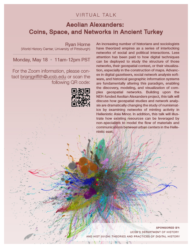 Flyer for virtual talk for Aeolian Alexanders: Coins, Space, and Networks in Ancient Turkey on 5/18/20 from 11AM-12PM