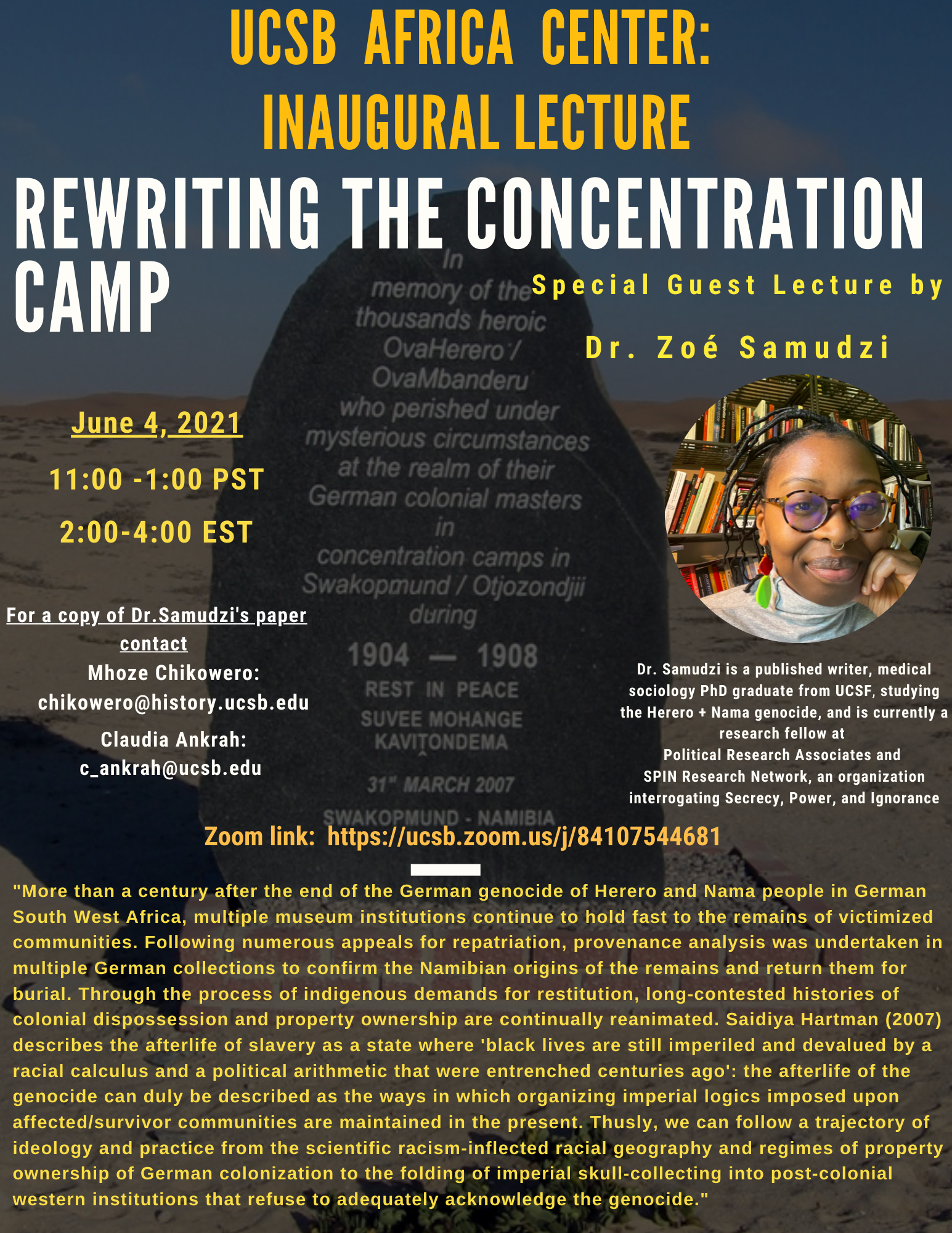 Flyer for Zoom Lecture Rewriting the Concentration Camp by UCSB Africa Center: Inaugural Lecture on 6/4/21 at 11AM-1PM PST