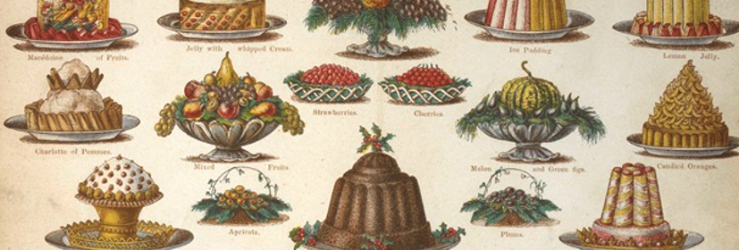 illustration of various desserts in sepia