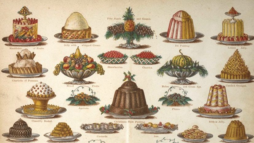 illustration of various desserts in sepia