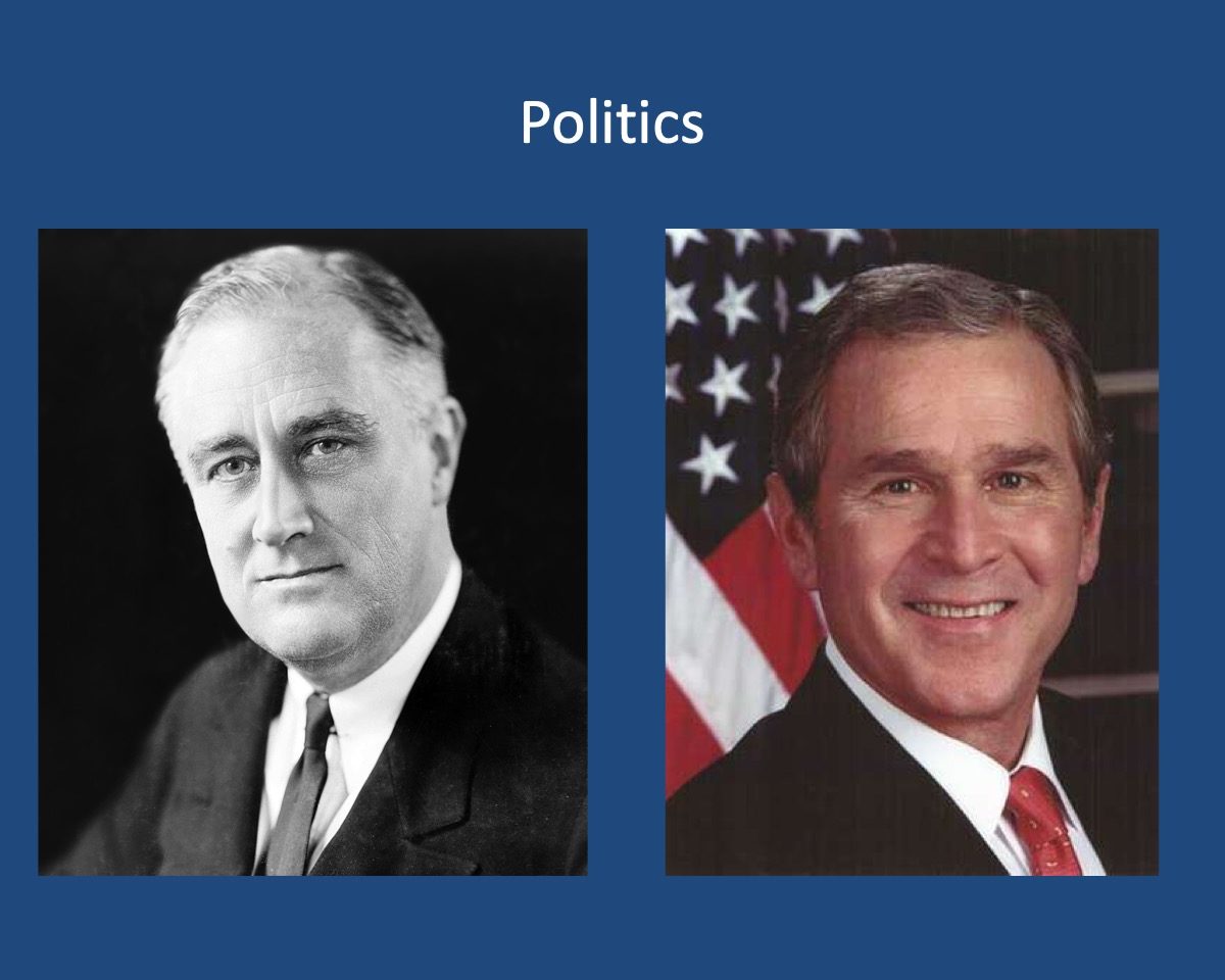 powerpoint slide about politics with George W, Bush and Franklin D. Roosevelt