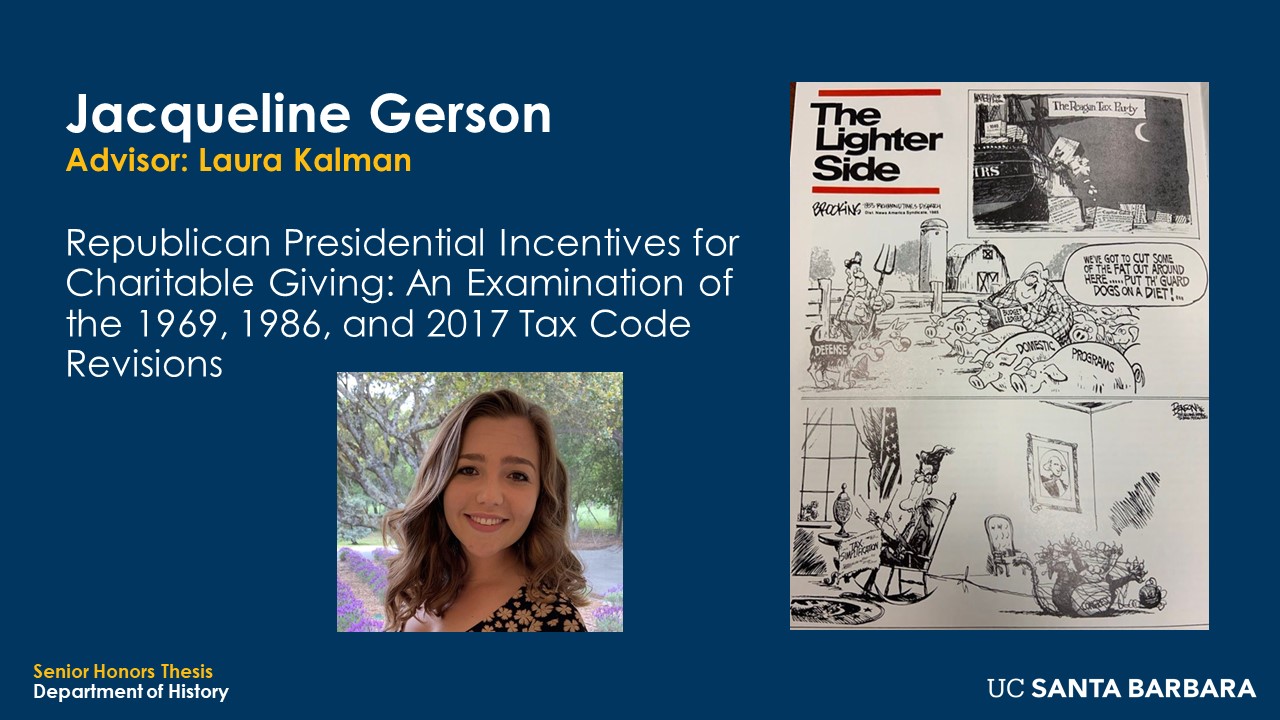 Slide for Jacqueline Gerson. "Republican Presidential Incentives for Charitable Giving: An Examination of the 1969, 1986, and 2017 Tax Code Revisions"