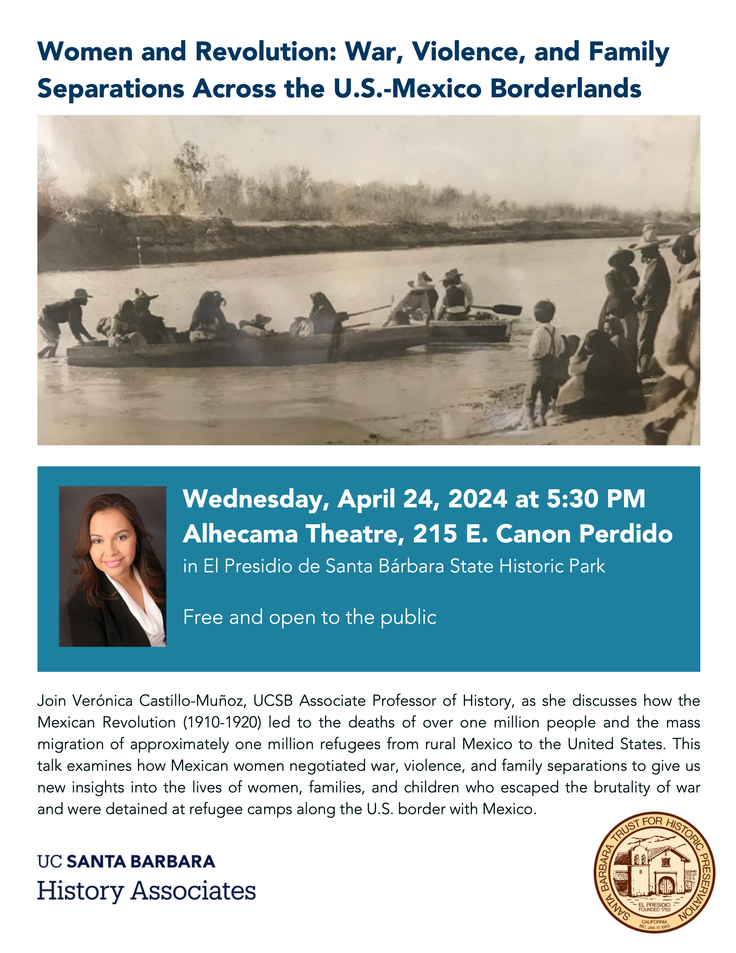 Flyer for "Women and Revolution: War, Violence, and Family Separations Across the US-Mexico Borderlands" on April 24, 2024 at 5:30PM at Alhecama Theatre