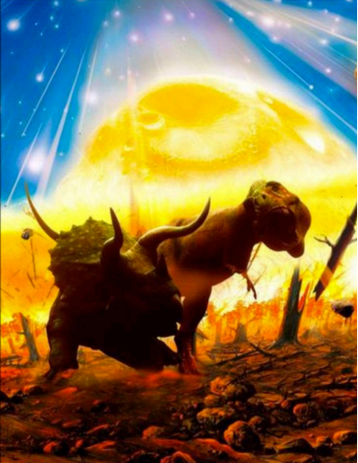 illustration of dinosaurs being annihilated by comet