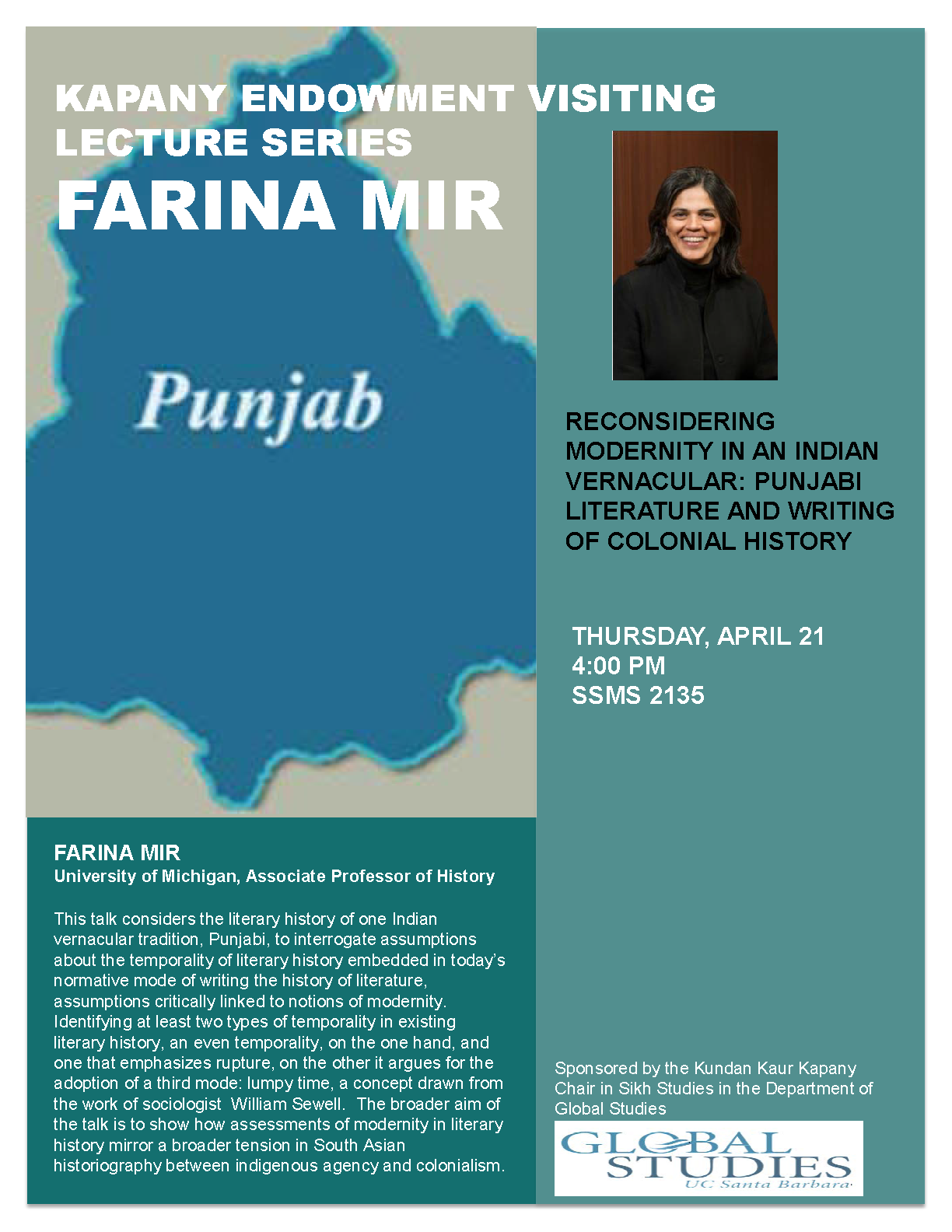 flyer for Farina Mir: "Reconsidering Modernity in an Indian Vernacular: Punjabi Literature and the Writing of Colonial History"